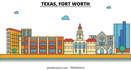 Texas, Fort Worth.City skyline: architecture, buildings, streets, silhouette, landscape, panorama, landmarks, icons. Editable strokes. Flat design line vector illustration concept.