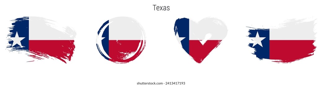 Texas hand drawn grunge style flag icon set. US state banner in official colors. Free brush stroke shape, circle and heart-shaped. Flat vector illustration isolated on white.
