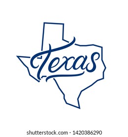 Texas hand written lettering logo, emblem, label with map. Print for tee, typography. USA Texas calligraphy design. Vector illustration.