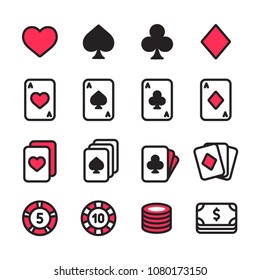 Texas Hold 'em Poker icon set. Playing card symbols and chips in modern simple style. Isolated vector illustration.