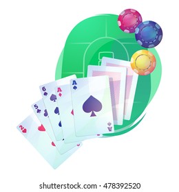 Texas hold ??em poker game cards and chips over casino or pub table. Aces up for omaha hi-low, stud and razz, straight or community draw variations. Good for money betting and gambling addiction theme