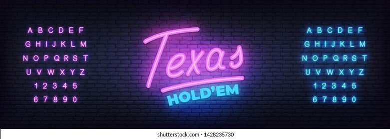 Texas hold'em neon sign. Glowing lettering template for poker club