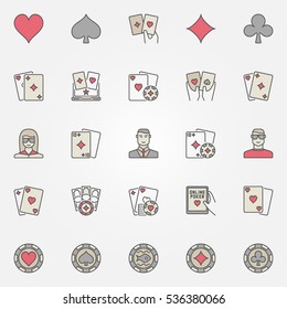 Texas hold'em poker icons. Vector collection of poker chips, cards, players colorful creative gambling signs