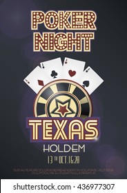 Texas Hold'em poker night invitation poster or banner template with four aces combination, lettering and casino poker chip. Vector illustration.