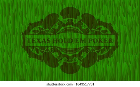 Texas Hold'em Poker text inside grass pasture badge. Eco luxurious background. Illustration. 