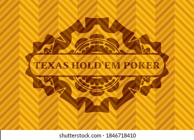 Texas Hold'em Poker text inside orange badge. Geometric luxurious background. Vector illustration. 