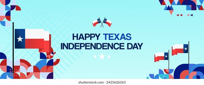 Texas Independence Day banner in colorful modern geometric style. Happy national independence day greeting card cover with typography. Vector illustration for national holiday celebration party