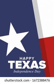 Texas Independence Day. Freedom holiday in Unites States, celebrated annual in March. Lone star flag. Texas flag. Patriotic sign and elements. Poster, card, banner and background. Vector illustration