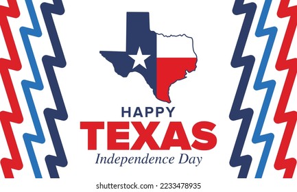 Texas Independence Day. Freedom holiday in Unites States, celebrated annual in March. Lone star flag. Texas flag. Patriotic sign and elements. Poster, card, banner and background. Vector illustration