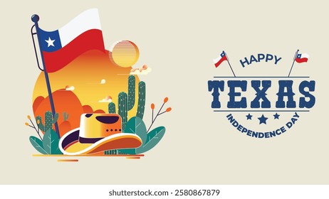 Texas Independence Day vector illustration, with the Texas flag, cowboy hat, desert landscape, and festive text. Perfect for holiday-themed designs or cultural events.