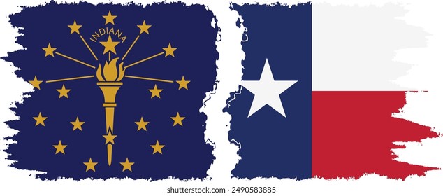 Texas and Indiana states grunge brush flags connection, vector