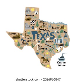 Texas infographic flat hand drawn vector illustration. American state map isolated. Texas travel routes, landmarks with city names lettering cartoon cliparts