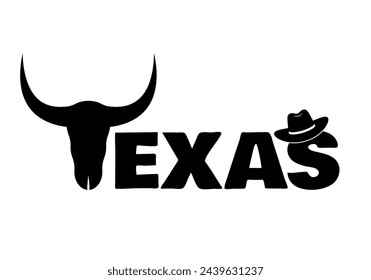 Texas-Inschrift mit Kuhschädel und Cowboyhut. In: USA Patriotic Sign. Vektor-Vorlage für Typografie Poster, Banner, Flyer, Hemd, etc