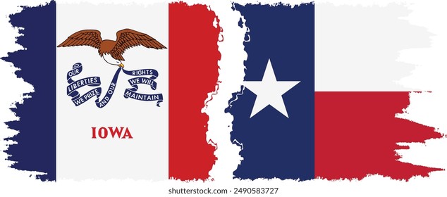 Texas and Iowa states grunge brush flags connection, vector