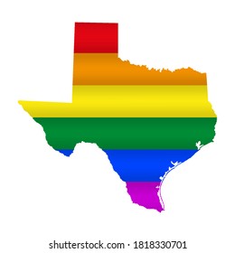 Texas LGBT flag map. Vector illustration. Slightly wavy rainbow gay pride flag map.