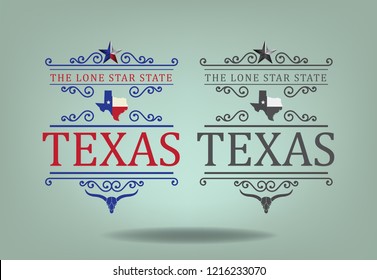 Texas logo concept design with small map, longhorn and nickname The Lone Star state, Vector eps 10