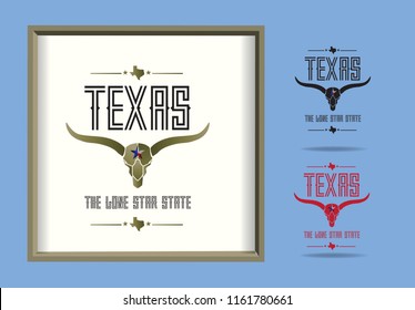 Texas logo with longhorn and small map and nickname The Lone Star State, Vector EPS 10.