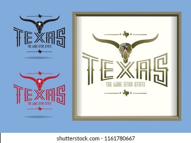 Texas logo with longhorn and small map and nickname The Lone Star State, Vector EPS 10.