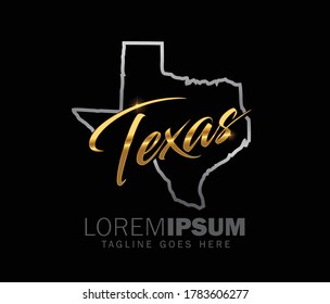 A Texas Logo vector illustration sign in golden color with black color background with outline of texas map