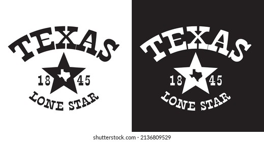 texas lone star with state map inside star establishment year 1845 on black and white background can be use for advertisement template souvernir sticker coffee mug website template vector eps.