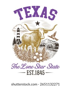 Texas The Lone Star State - US State Vintage T-shirt Vector, USA States Cityscape Landmark Icons, American State Typography Shirt, USA Skyline Clipart, Retro travel city illustration