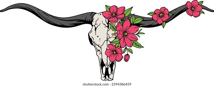 Texas longhor vector illustration. Longhorn skull with flowers, clipart. Silhouette Texas Longhorn. Bull Head Logo Icon.