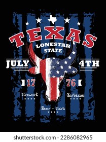 Texas longhorn, 4th of July sign, symbol, t-shirt design with us flag and slogan of texas lone star state. Vector illustration.