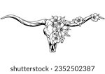 Texas longhorn black and white vector illustration. Longhorn skull with flowers, clipart. Silhouette Texas Longhorn. Bull Head Logo Icon.