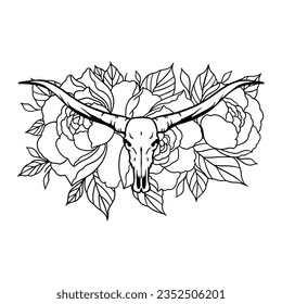 Texas longhorn black   white vector illustration  Longhorn skull and flowers  clipart  Silhouette Texas Longhorn  Bull Head Logo Icon  Hand drawn