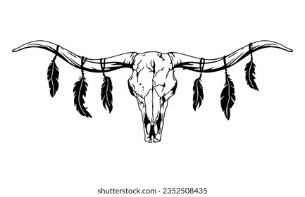Texas longhorn black and white vector illustration. Longhorn skull with feathers, clipart. Silhouette Texas Longhorn. Bull Head Logo Icon. svg