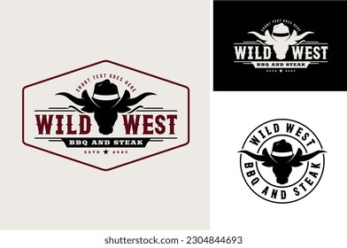 Texas Longhorn Buffalo Bull Cattle Livestock Farm Ranch countryside Country Western Vintage Label Logo Design