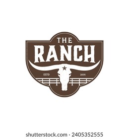 Texas Longhorn Cattle Ranch Countryside Western Farm vintage rustic Label Logo Design