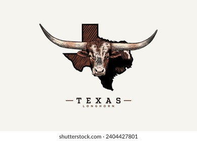 Texas longhorn color illustration with map
