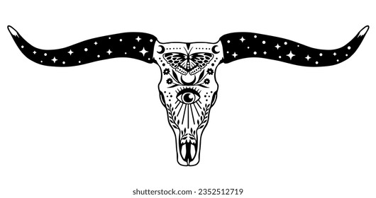 Texas Longhorn  Country Western boho magic Bull Cattle Vintage Label Logo Design  Vector hand drawing the head bull skull white background 