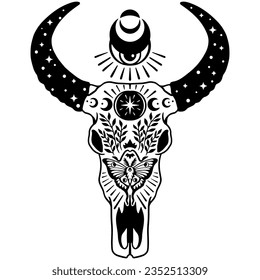 Texas Longhorn  Country Western boho magic Bull Cattle Vintage Label Logo Design  Vector hand drawing the head bull skull white background  Hand drawing