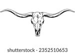 Texas Longhorn, Country Western Bull Cattle Vintage Label Logo Design. Vector hand drawing of the head of a Texas longhorn on a white backgroundf