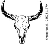 Texas Longhorn, Country Western Bull Cattle Vintage Label Logo Design. Vector hand drawing of the head of a bull skull on a white background.