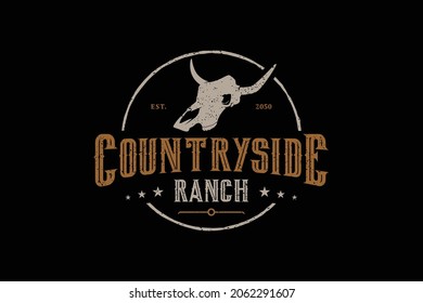 Texas Longhorn, Country Western Bull Cattle Vintage Label Logo Design countryside ranch rustic hipster grunge