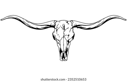Texas Longhorn, Country Western Bull Cattle Vintage Label Logo Design. Vector hand drawing of the head of a Texas longhorn on a white backgroundf svg