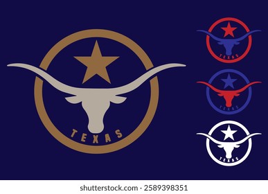 Texas Longhorn emblem with a bold star in a circular design. Available in multiple colors, this vector symbolizes Texan pride and heritage. Ideal for T-shirt prints, branding, logos, and souvenirs.