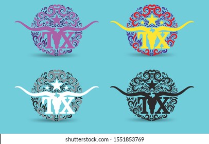 Texas with Longhorn, and floral swirl logo design concept, vector eps