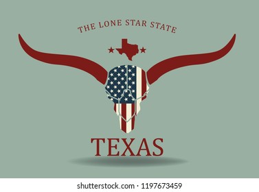 Texas longhorn with small map and nickname the lone star state, vector eps 10.