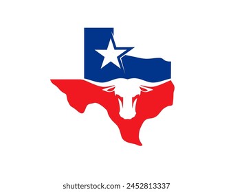 Texas longhorn state with map, flag and American star symbol, vector icon. Texas map and longhorn bull head sign of USA company or American corporation, oil and petrol industry or Texas quality badge