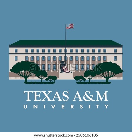 Texas A and M university with main building and american flag on it with blue background, academic administration achievement design, insignia quality signature symbol, texas austin, university texas