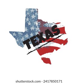 Texas map with American flag and razor wire in grunge style. Texas border crisis poster. Vector illustration.