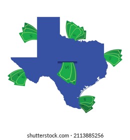 Texas map in blue with money bills around. Money leaving the center of the state. Economy of texan state. White background. Isolated.