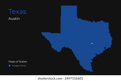 Texas Map with a capital of Austin Shown in a Hexagon Pattern. Silicon valley. United States vector maps.