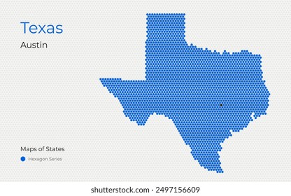 Texas Karte mit der Hauptstadt Austin im Hexagon-Muster. Silicon Valley Vektorkarten der Vereinigten Staaten.