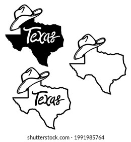 Texas map and cowboy hat Vector illustration of Texas maps black background silhouette with western hats and text isolated on white for design. Texas sign symbol