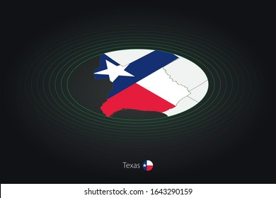 Texas map in dark color, oval map with neighboring US states. Vector map and flag of US state Texas 